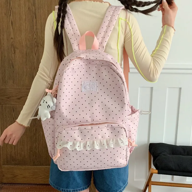 Women Cute Lace Trim Backpack Large Capacity Soft Nylon Schoolbag Multi-Pockets Casual Travel Bag Outdoor Travel Trip Backpack