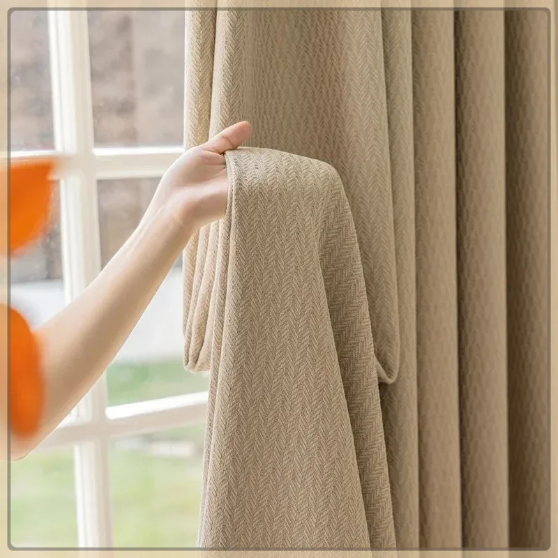 Cream Herringbone Pattern Luxury Velvet Curtain for Living Room Bedroom Blackout Fashion Simple Embossing Window Tulle Elegant