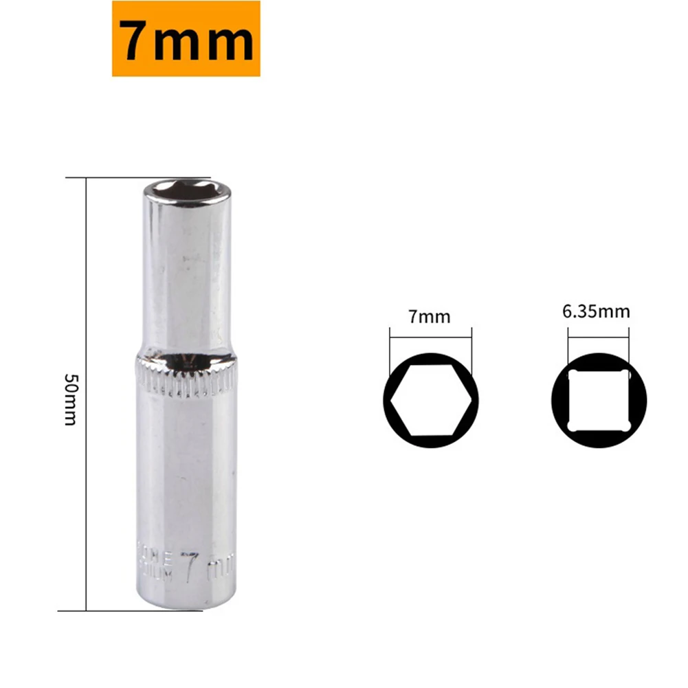 1/4 Zoll Steckschlüsseladapter, 4 mm-14 mm, Sechskant-Steckschlüsselkopf aus Chrom-Vanadium-Stahl für Ratschenschraubendreher, Silber, 50 mm Länge – Detail 6