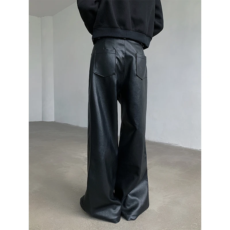 Men's Punk PU Leather Pants Black Wide-leg Zipper straight trousers Fashion Hipcool Windproof Mopping Trousers All-match view 3