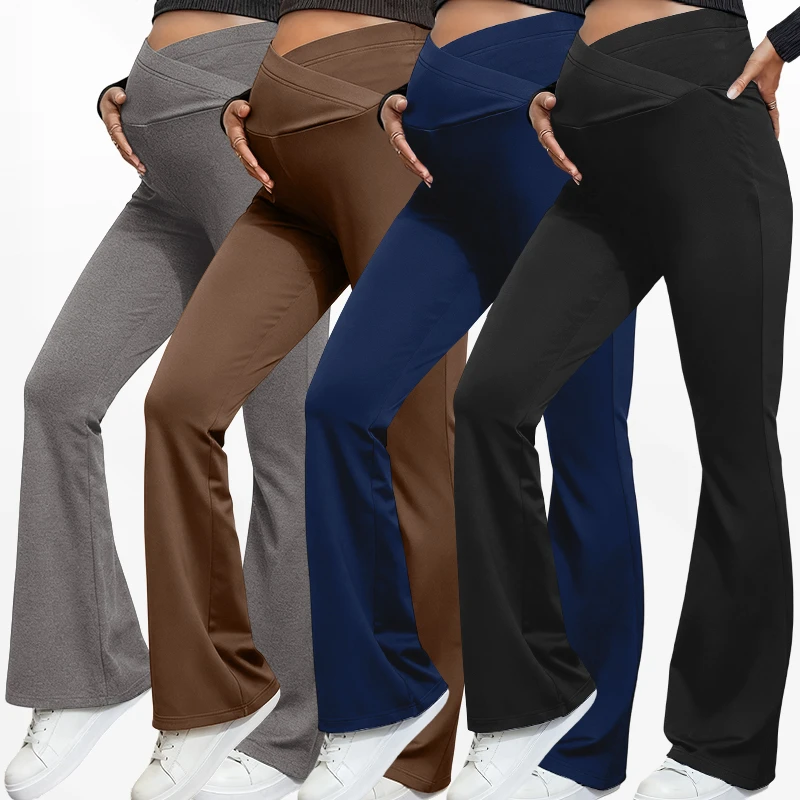 

2026 Spring Maternity Women Yoga Pants With Cross Belly Support Solid Adjustable High Waist Slim Flare Pants Pregnancy Leggings