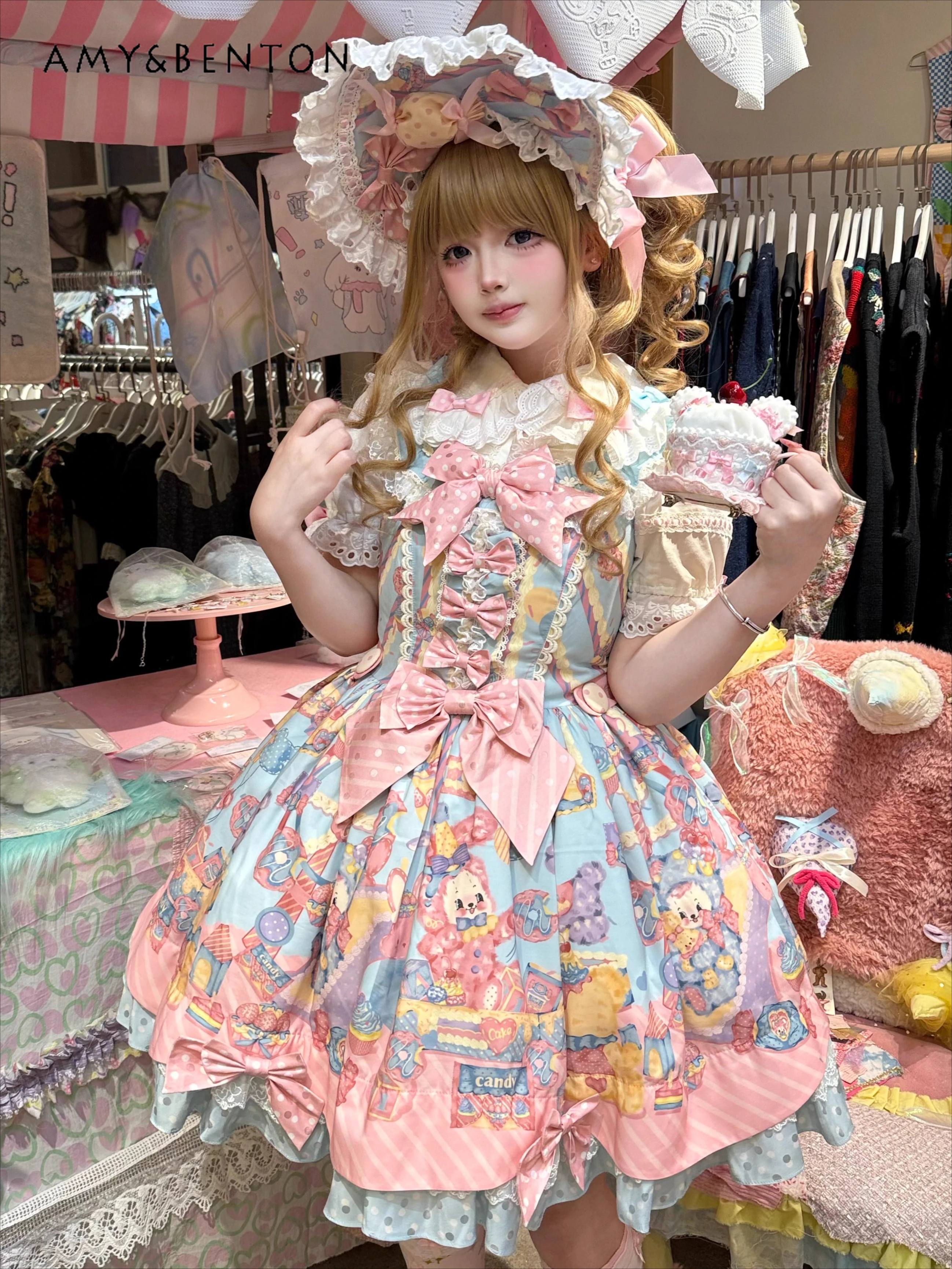 Abito da torta a righe con stampa cartoon Kawaii Lolita Abito da principessa con bretelle a vita alta con fiocco carino originale in pizzo