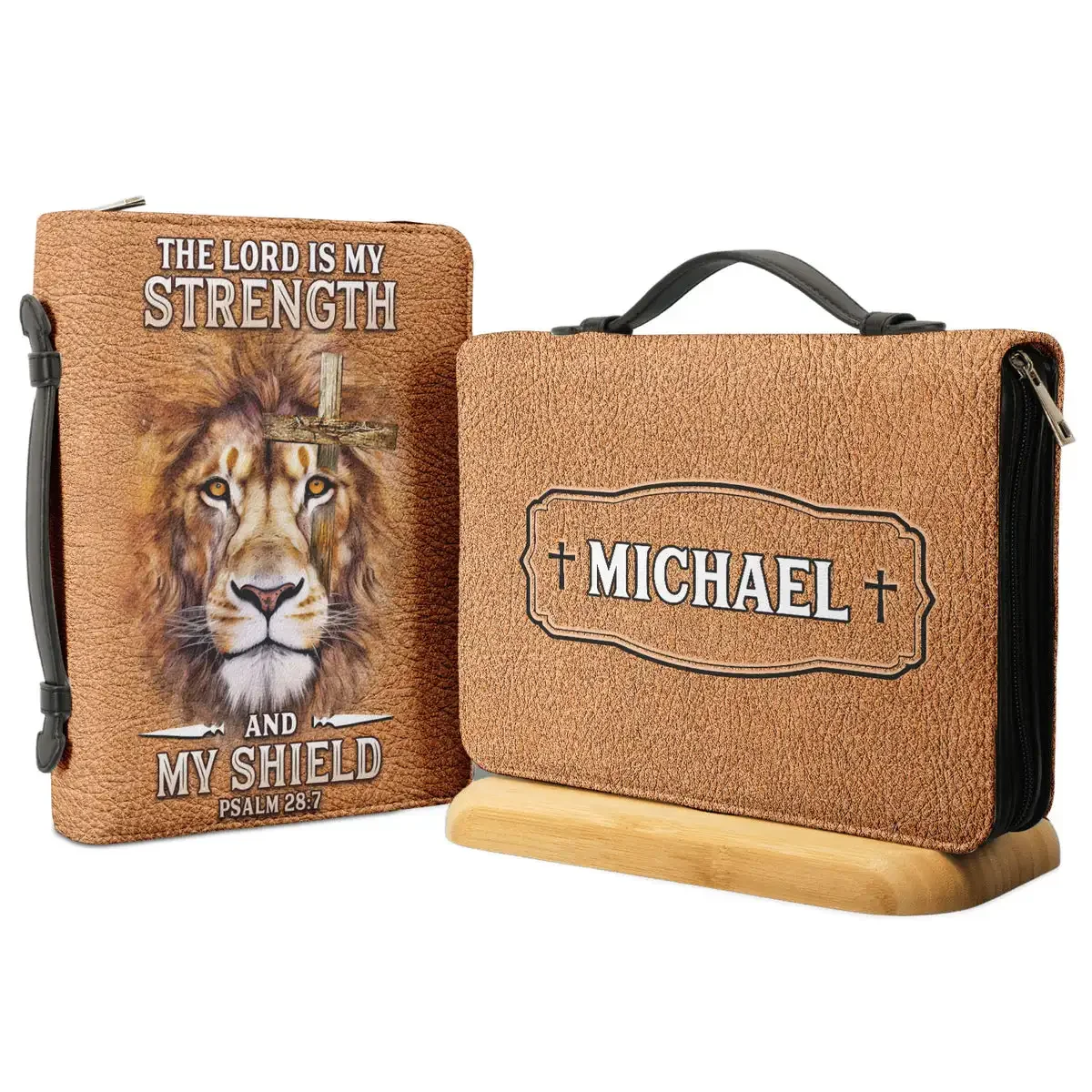 The Lord Is My Strength And My Shield Lion Design PU Leather Bible Cover Case for Women PU Leather Christian Bags Female Handbag