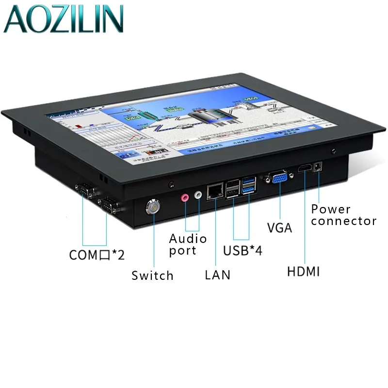 AOZILIN 10/12/15 Inch Industrial All in One PC Resistive Touch Screen Panel PC WiFi RS232 COM Win10 Pro 1024x768