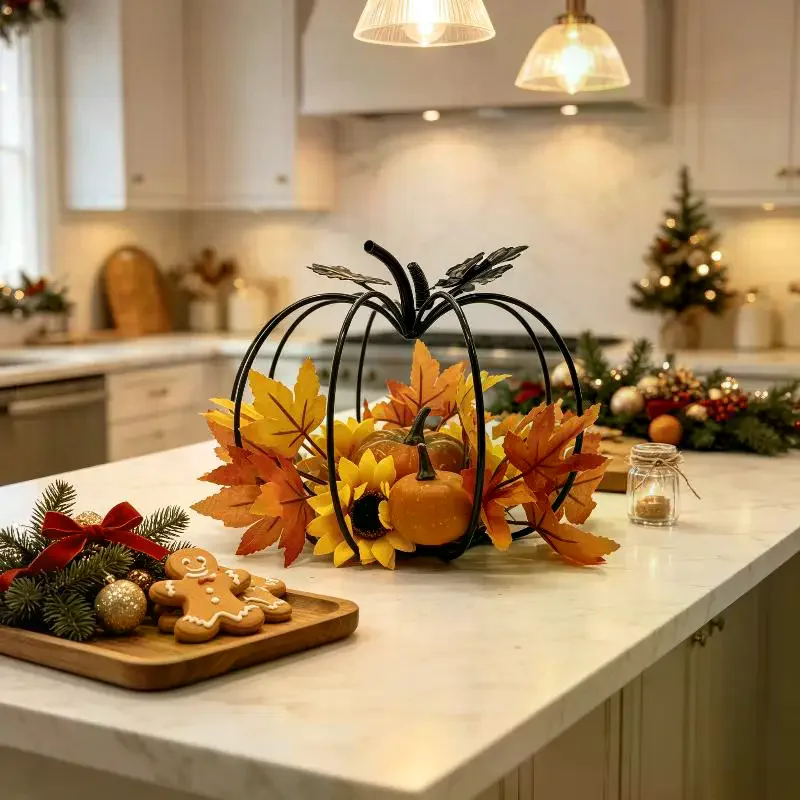 Black Iron Art Pumpkin Decoration Autumn Harvest Theme Desktop Ornament with Amber Glass Candle Holder for Fall Decor Home