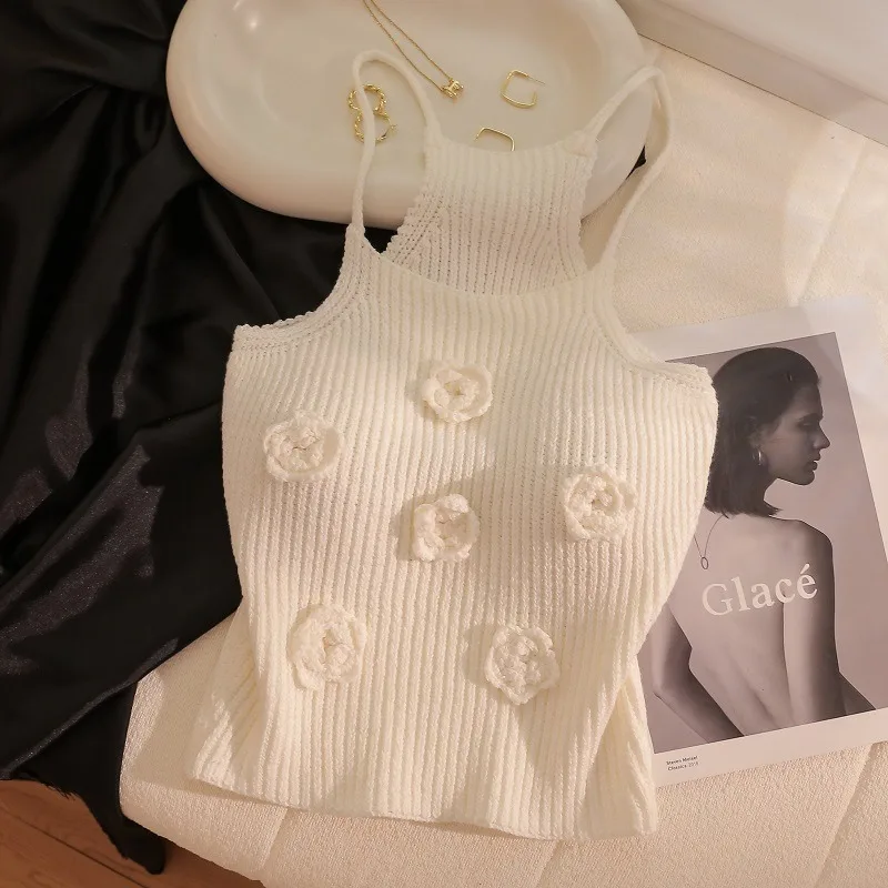2025 새로운 라인 석 니트 탱크 탑 화이트 블랙 크루 넥 민소매 탱크 탑 여름 여성 의류 자르기 탑 Camis