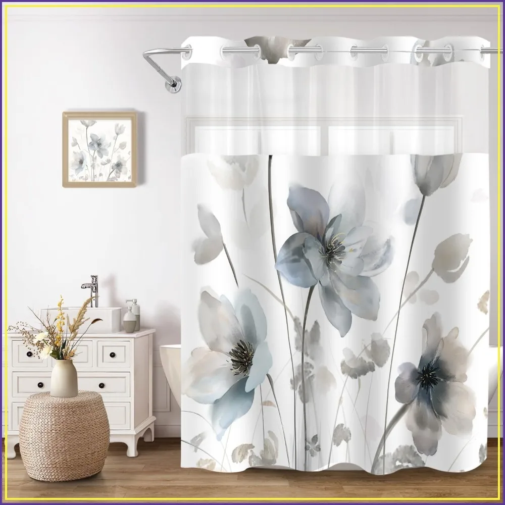 

Boho Floral Shower Curtain Set, Watercolor Flower Bathroom Curtain with Snap-in Liner, 71x74 Inch, No Hook Needed