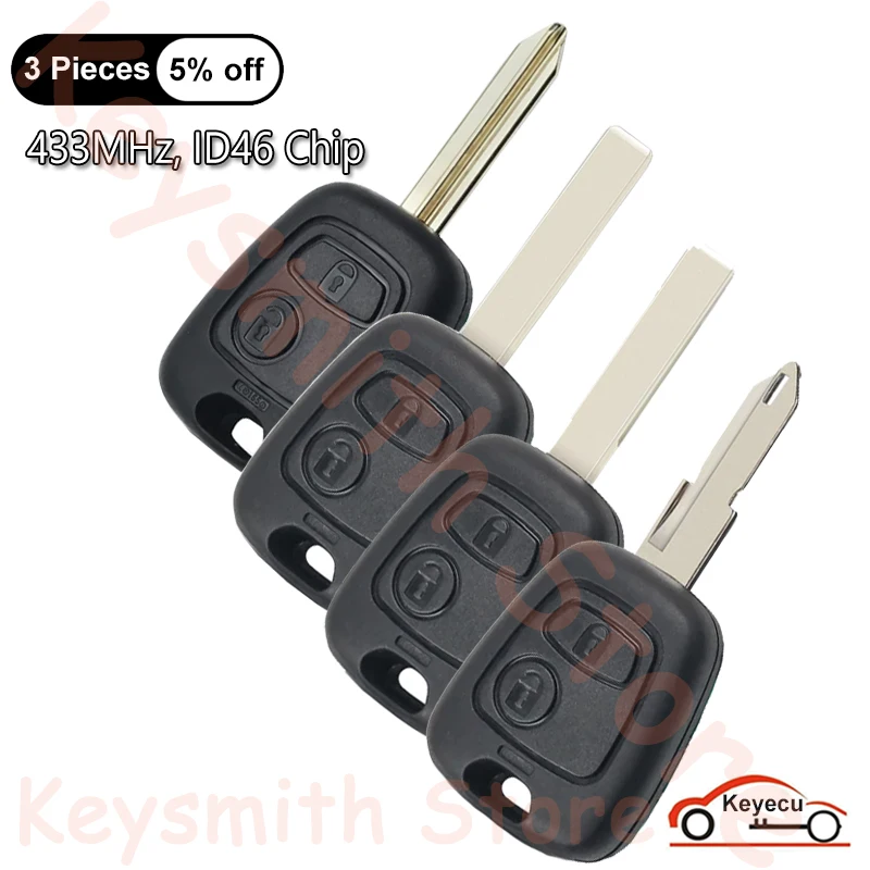 KEYECU 2 Btns 433MHz ID46 Chip for Peugeot 106 107 206 306 307 207 407 Partner for Citroen C1 C2 C3 C4 Saxo Auto Remote Key Fob