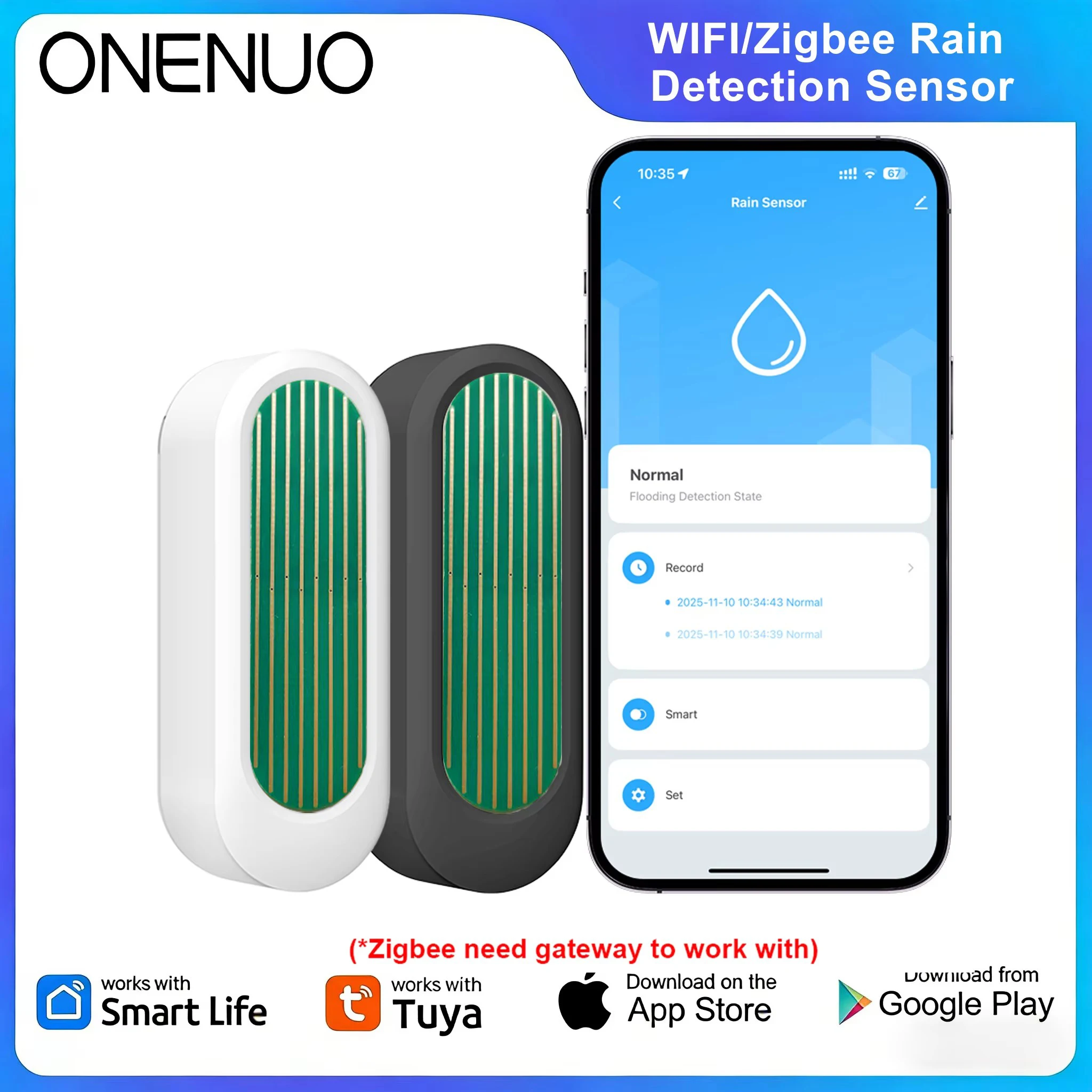 

ONENUO WiFi or Zigbee Rain Sensor Tuya IP65 Waterproof Outdoor Rain Detection Water Leak Sensor Real-Time APP Alert