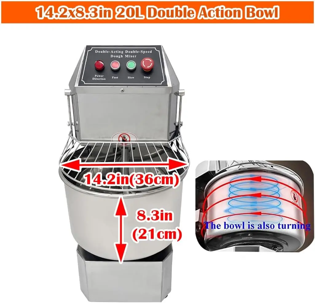 Mixer Adonan Listrik Komersial 20QT Mesin Pencampur Tepung Berdiri Blender Adonan Baja Tahan Karat Spiral Kecepatan Ganda Aksi Ganda