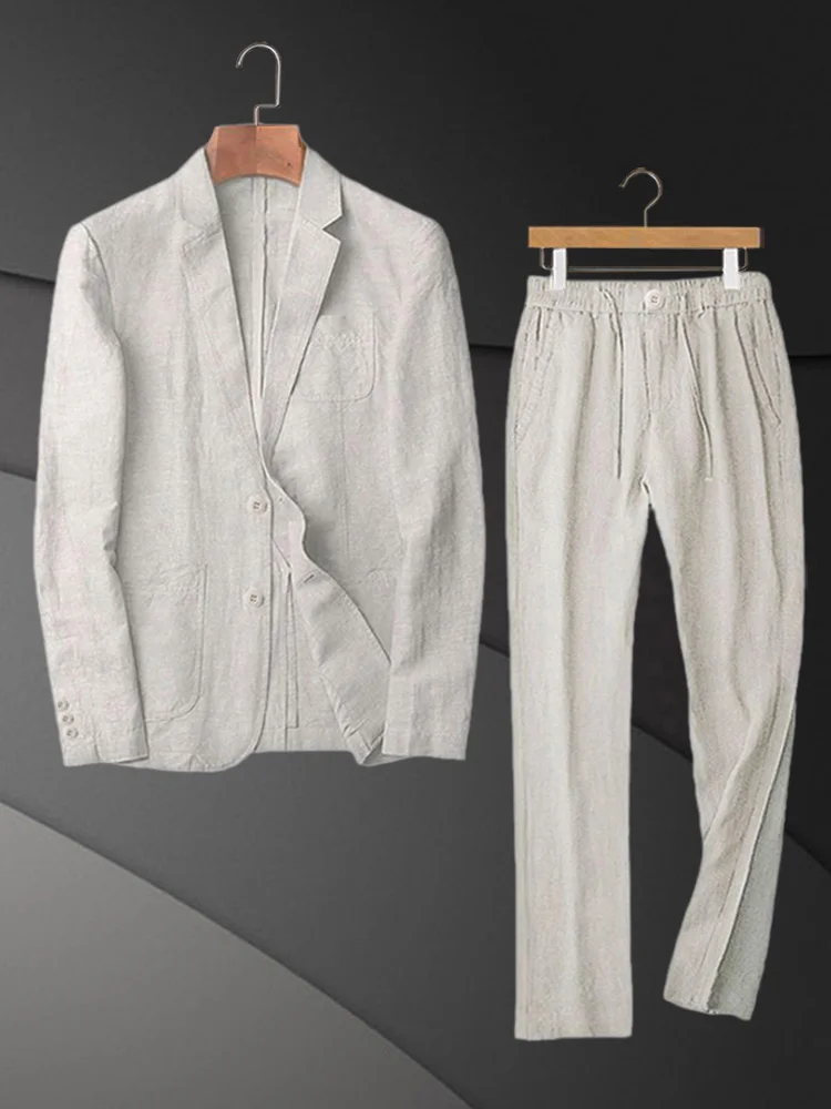 

Casual Linen Suit Set for Men Spring Summer Thin Cotton Linen Jaet Busin Casual Sle Regular Collar Two Buttons Pure Color