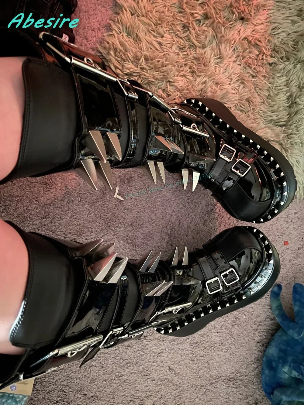 Multi-Buckles Knee High Boots Patent-Leather Patchwork Round Toe Thick Sole Zipper Shoes for Women Lolita Punk Rock Goth Shoes - view 2