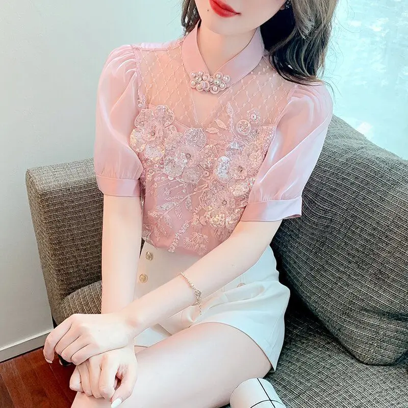 Women Satin Vintage Fashion Sequin Embroidery Elegant Blouse Spring Summer Sexy Sheer Mesh Patchwork Shirt Solid Chic Sweet Tops