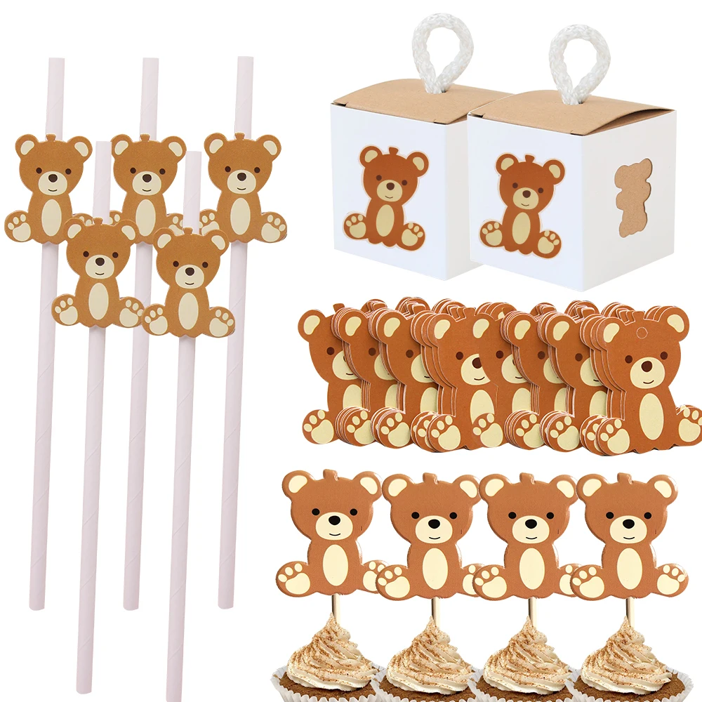 1set Cartoon Bear Cake Toppers Cute Bear Paper Tags Straws for Kids Happy Birthday Party Decorations DIY Gifts Packaging Supply