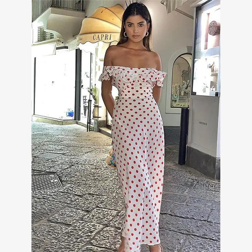 

Transitional Sexy White Dot Print A-Line Skirt Sweet Spicy Waist Cinching Bell Sve Long Dr Ele Sle Women's Faion