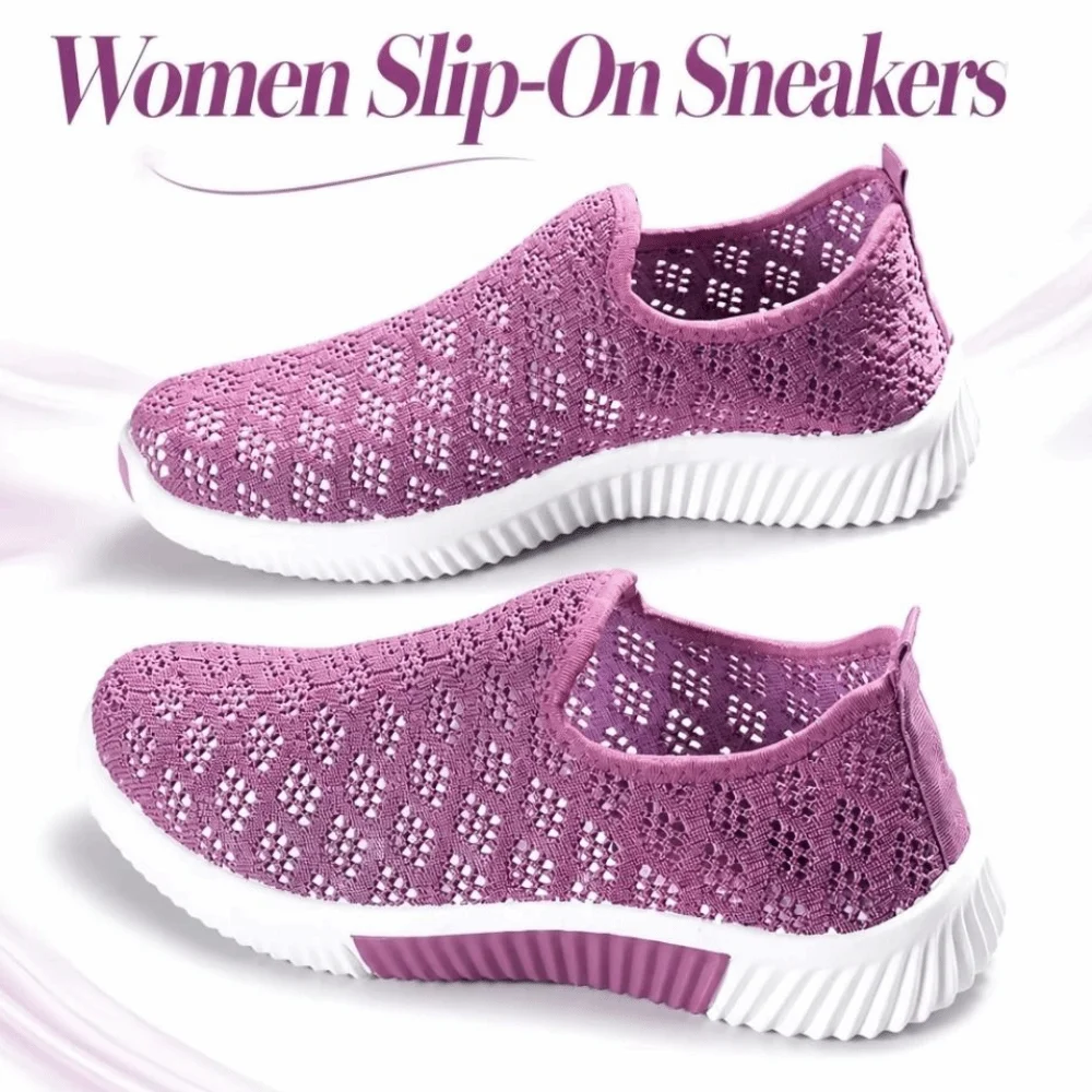 Breathable Women Slip‑On Sneakers Lightweight Comfortable Mesh Walking Shoes Hollow Out Non‑slip Casual Flat Shoes Daily‑wear