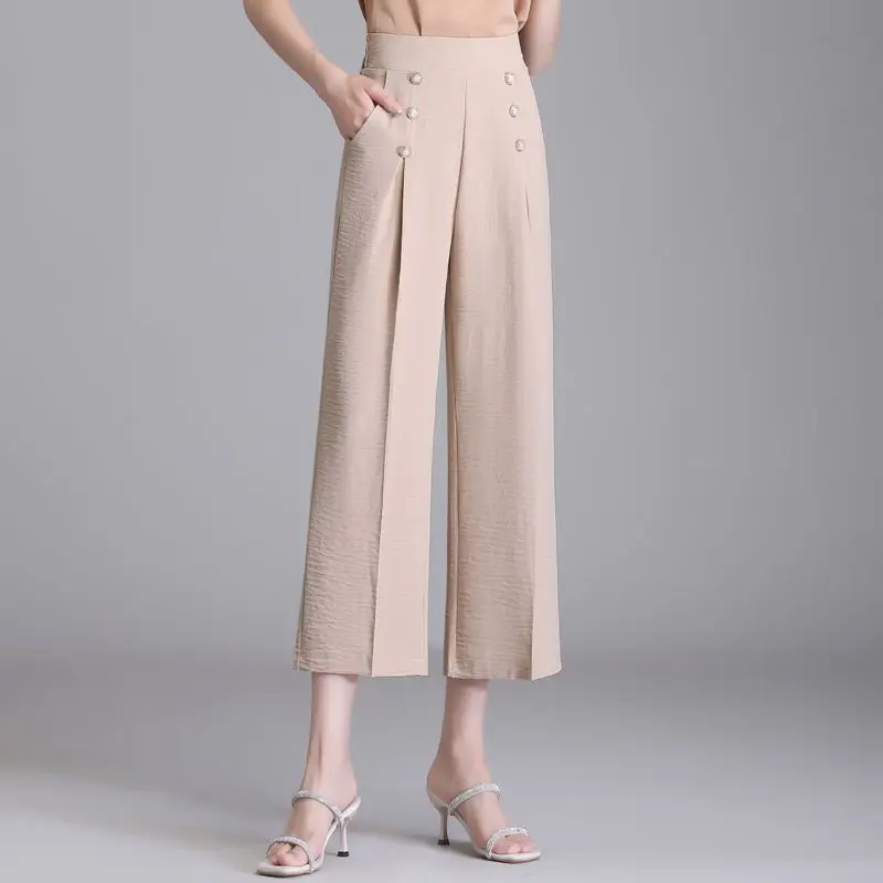 Ice Silk Wide Leg Trousers Women's Summer Thin Style Drape Fashion Solid Button Pockets Loose Fitting Straight Cropped Pants