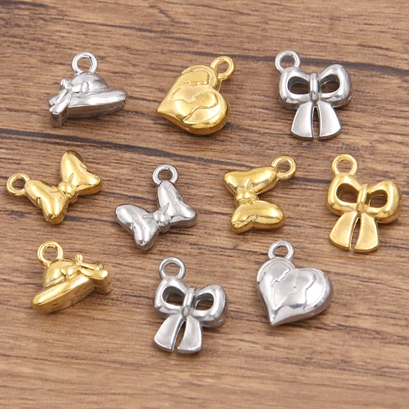 5Pcs 2 Color Mix Size 304 Stainless Steel Hollow Pendant Bow Heart Hat Charm DIY Necklace For Jewelry Making
