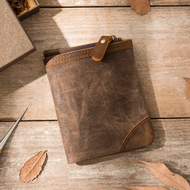 2026 New Retro Crazy Horse Skin Short Canvas Wallet Men's Leather Zipper Head Layer Cowhide Japanese Handmade Wallet Literature