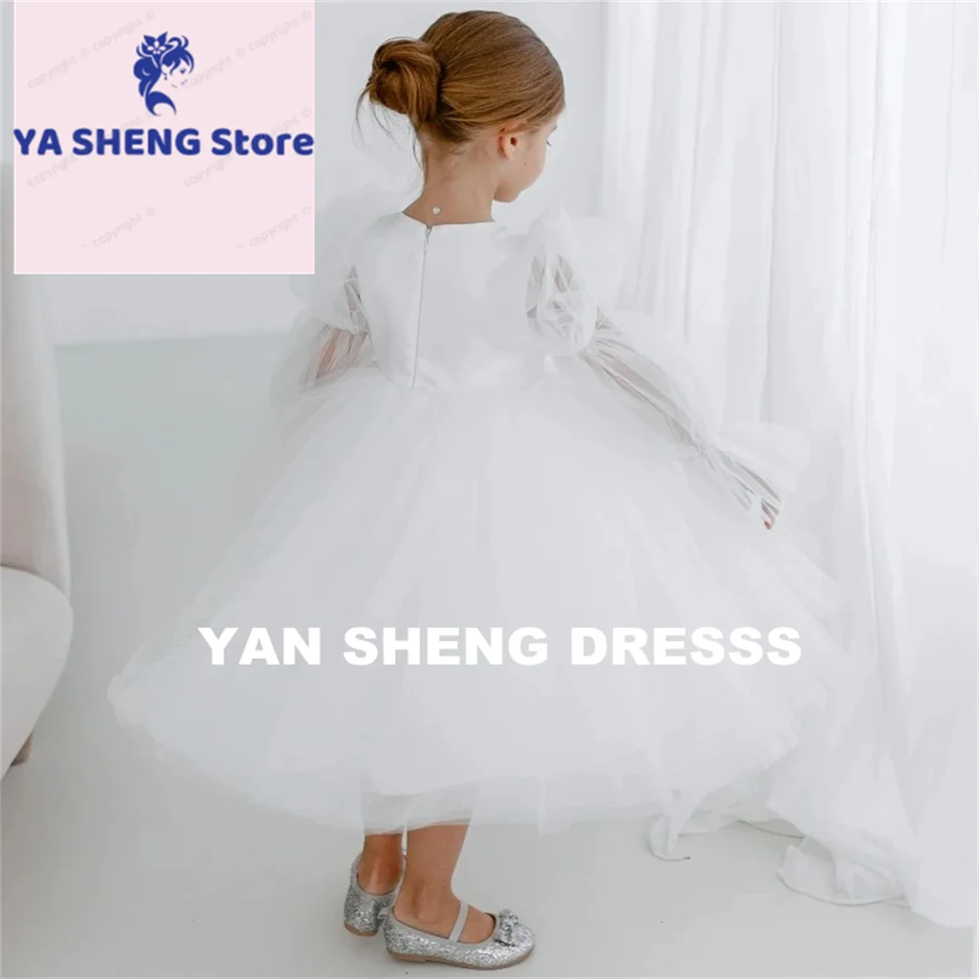 Customized Flower Girl Dresses White Tulle Puffy Long Sleeve For Wedding Birthday Party Banquet Holy Communion Gowns