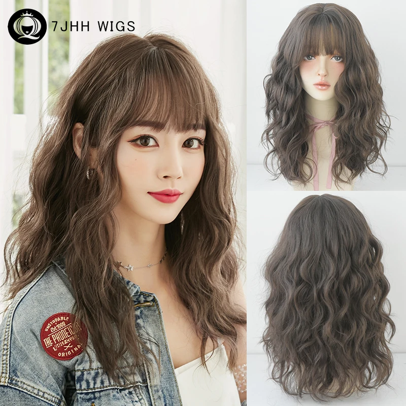 7JHH WIGS Synthetic Loose Curly Wave Cool Brown Wig for Women Daily Use Heat Resistant Layered Hair Wigs with Bangs Routine Wigs