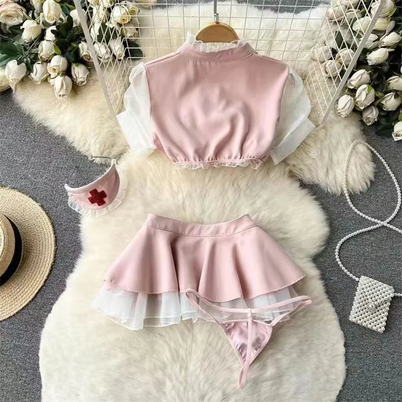 Sexy Nurse Cosplay Uniform High Waisted Ruffled Bubble Sleeve Short Top Hotsweet Girl Cute Two Layer Short Skirt Two-piece Set