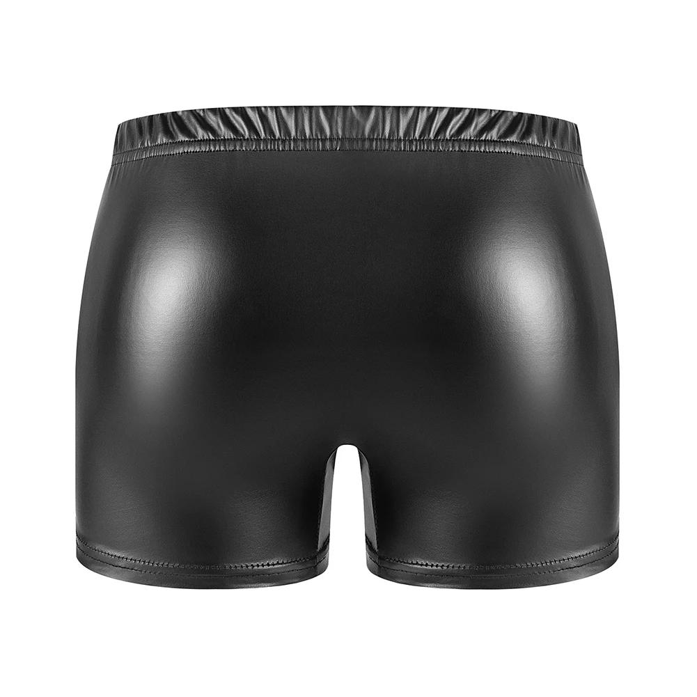 Bañador Sexy de piel sintética para hombre, ropa interior de aspecto húmedo, calzoncillos con bolsa para bulto, pantalones cortos de playa de cuero