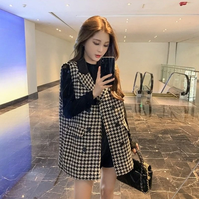 

Women's Houndstooth Suit Collar Blazer Coat Autumn Winter Sleeveless Outerwear Mid Length​