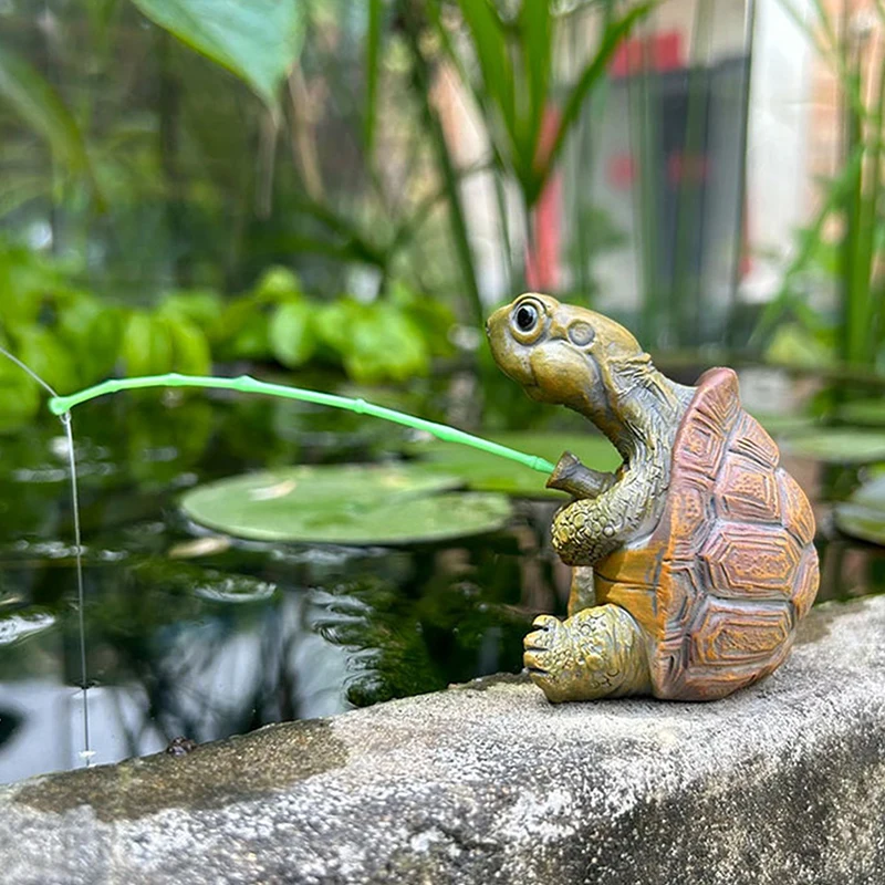 C Creative Rope Fishing Turtle Statue Cute Simulation Turtle Resin Figurine Animal Sculpture Ornament Outdoor Home Garden Decor