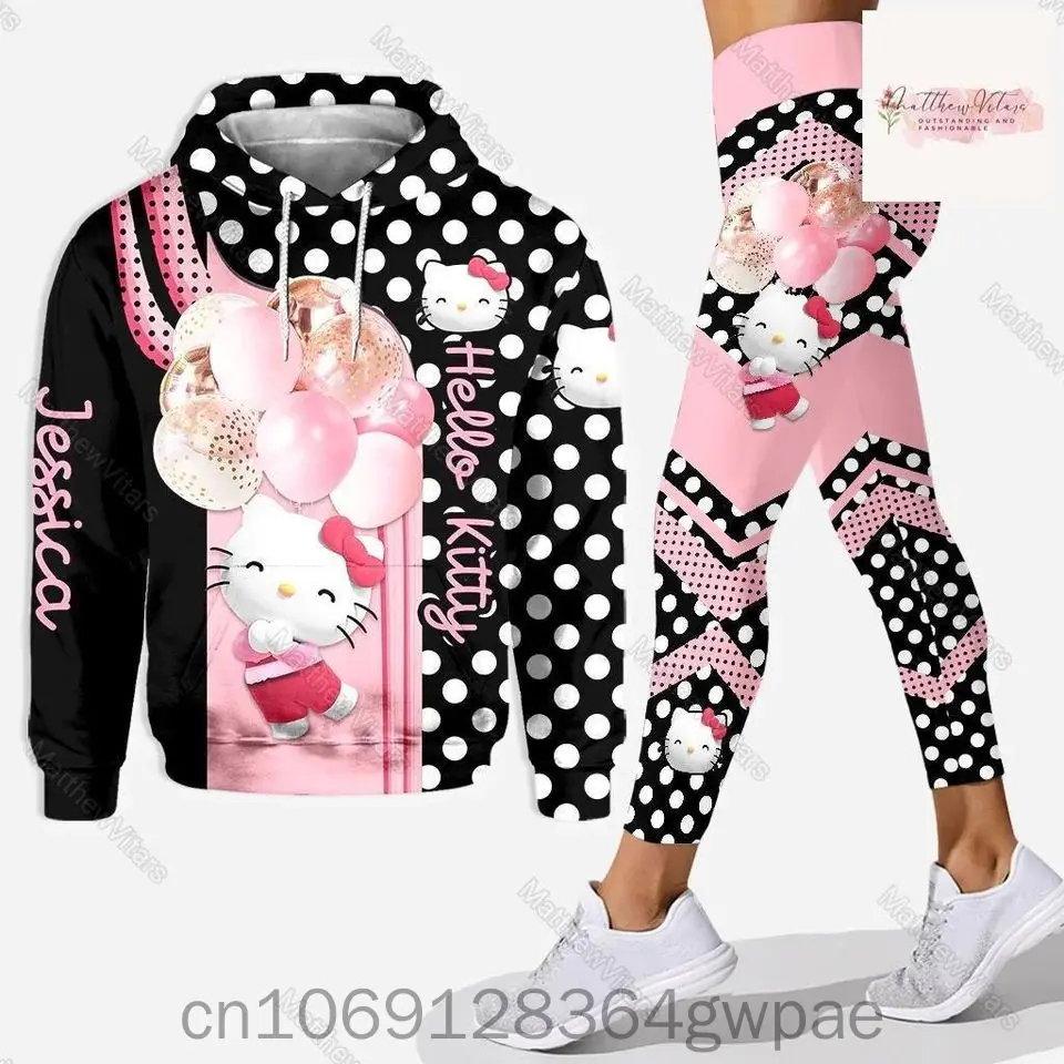 Free Custom Name Hello Kitty 3D Women\'s Hoodie and Leggings Suit Cute Hello Kitty Yoga Pants Sweatpants Fashion Sports Suit Set