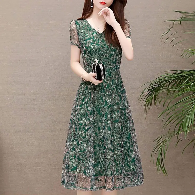 Elegant V-Neck Casual Dresses Summer Vintage Broken Flower Printed Female Clothing Korean Gauze A-Line Patchwork Midi Dress 2023