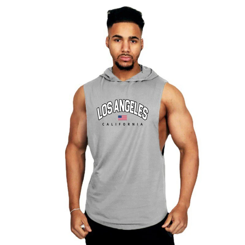 Los Angeles California USA City Retro Hooded Shirts Mens Running Sport Sleeveless Hoodie Gym Fitness Bodybuilding Tank Tops