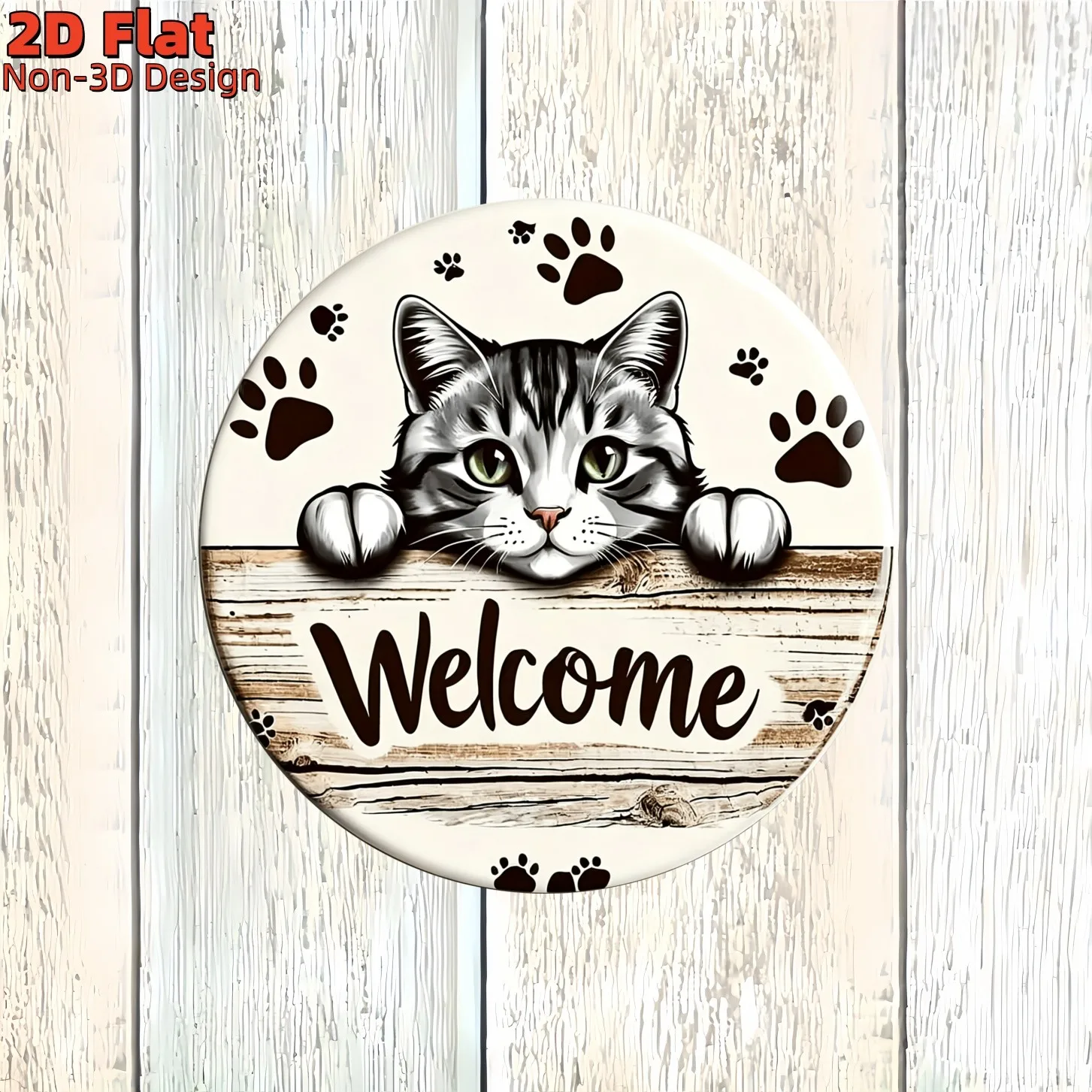 2D Flat, 2D Flat Wooden Sign, Round Probe Cat Paw Print Welcome Slogan Decorative Hanging Plaque, Suitable for Entryway Foyer De