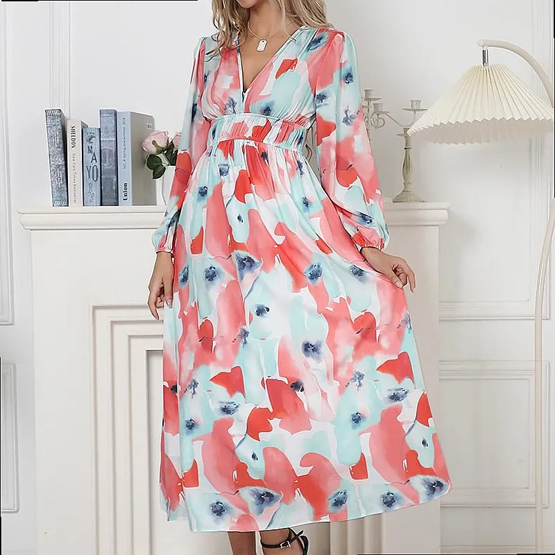 Bohemian Boho Deep V Print High Waist Long Sleeve Midi Dress Dresses Spring Summer