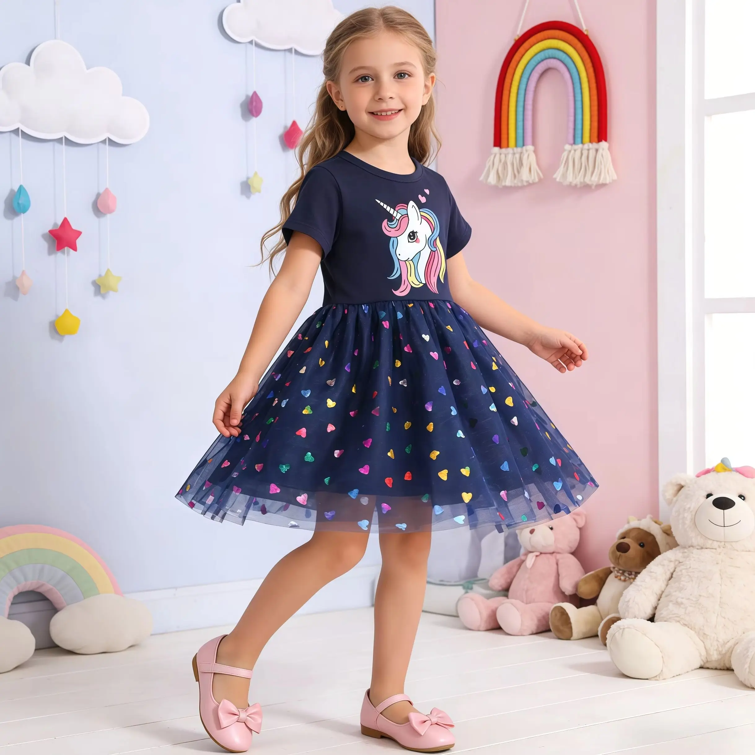 Summer Fashion Baby Girls Outfit Cute Cartoon Unicorn Mesh Princess Dress Toddler Kids Casual Daily Clothes Birthday Party Dress