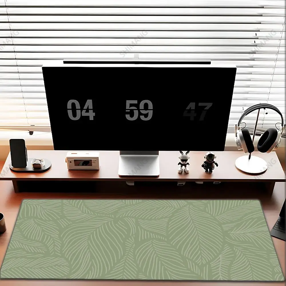 セージグリーンのマウスパッド、デスクマット、可愛い、複数サイズ、ステッチエッジ、ボヘミアンシック、緑の葉、自然、マウスパッド、大型、拡張デスクマット