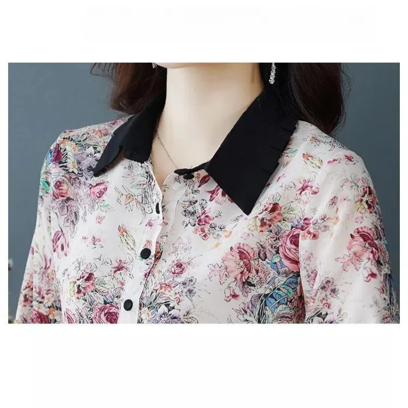 Spring Autumn Office Lady Plant&Flowers Printing Turn-down Collar Button Chiffon Lantern Long Sleeve Pullover Women\'s Shirt Tops