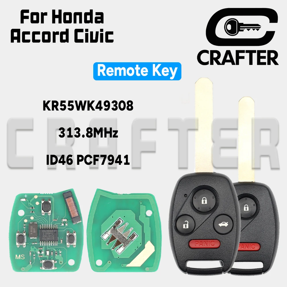 

Key Crafters KR55WK49308 ID46 PCF7941 313.8MHz Remote Car Key For Honda Civic Accord CRV Pilot HR-V Fit Insight City JazzOdyssey