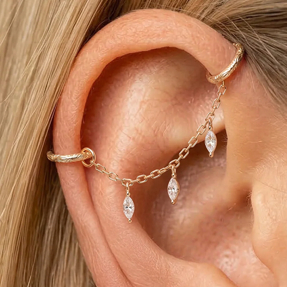 AIDE 14K Solid Gold Water Drop Chain Tassel For Women Cartilage Helix Pattern Circle Piercing Accessories Wedding Bridal Jewelry