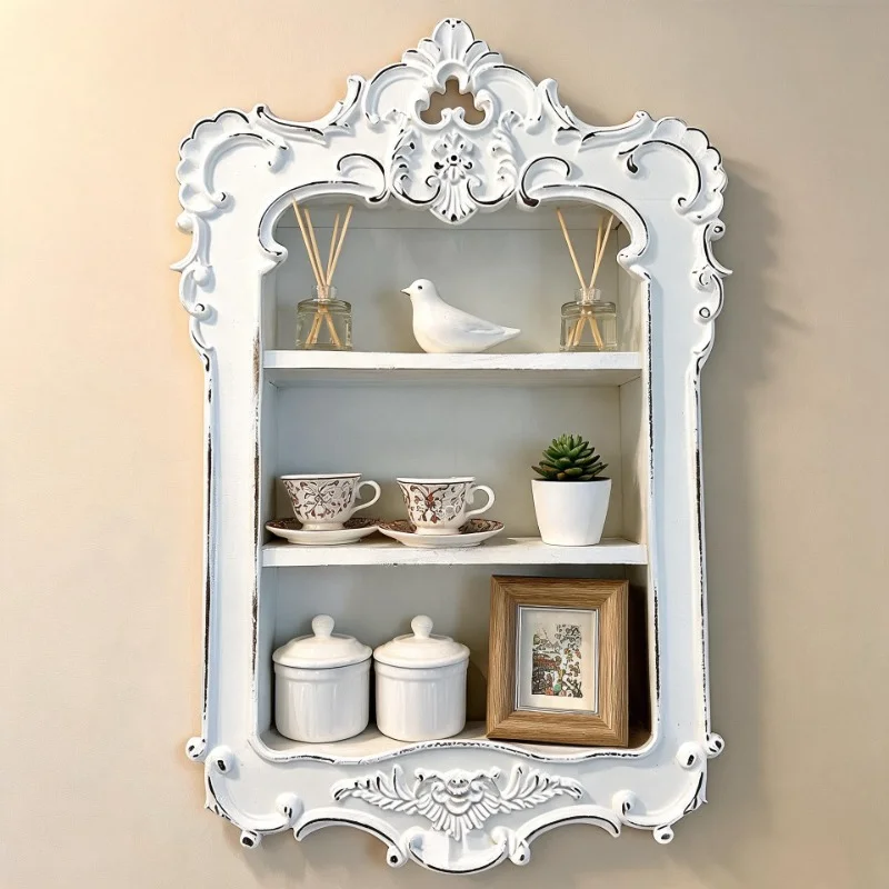 Vintage Storage Holders Wall-mounted Wooden Frame Carved Shape French Storage Holders Luxury Simple Living Room Home Decoration