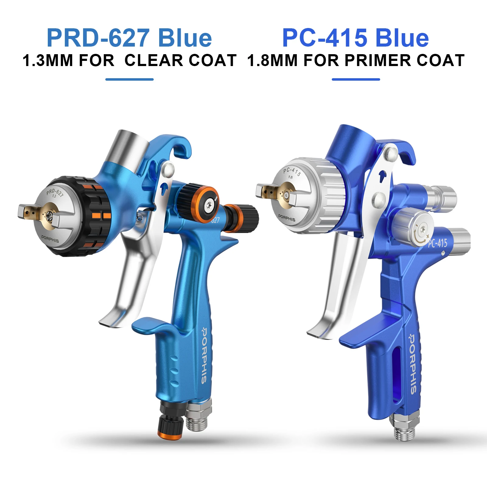 PORPHIS PRD-627 PC-41 Series No Cup Dual Paint Spray Gun Set Auto Body Paint Gun for Clear Base Primer Work Topcoat Colorcoat