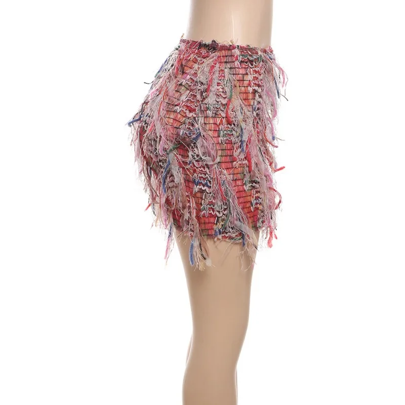 Colorful Fringe Skirt for Women, Peach Hip, Thin Knit Stripes, Wild Sexy Midnight, Trend Look, Slim Street Wear, Summer, 2024