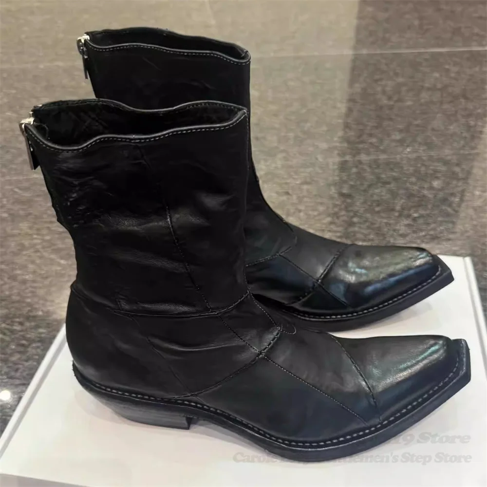 Black Retro Style Pointed Wizard Boots Mid Tubestitching Zipper Knight Boots Men Pointed Toe Upturned Handmade High Top Boots