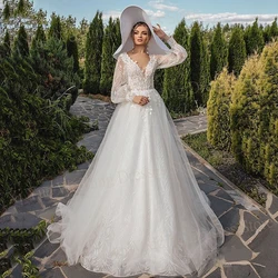 Vestidos De novia románticos De una línea para mujer, apliques con cordones, vestidos De novia De manga larga, Vestido De princesa brillante De tul, 2024