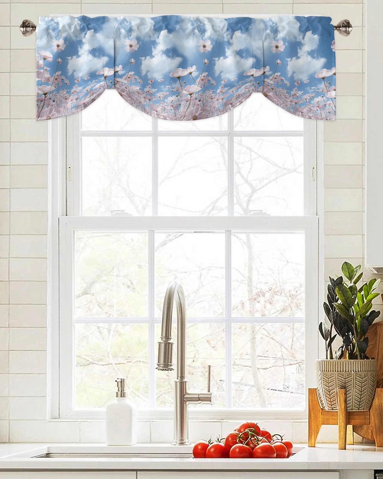 Blue Sky Clouds Flowers Window Curtain Living Room Kitchen Cabinet Tie-up Valance Curtain Rod Pocket Valance