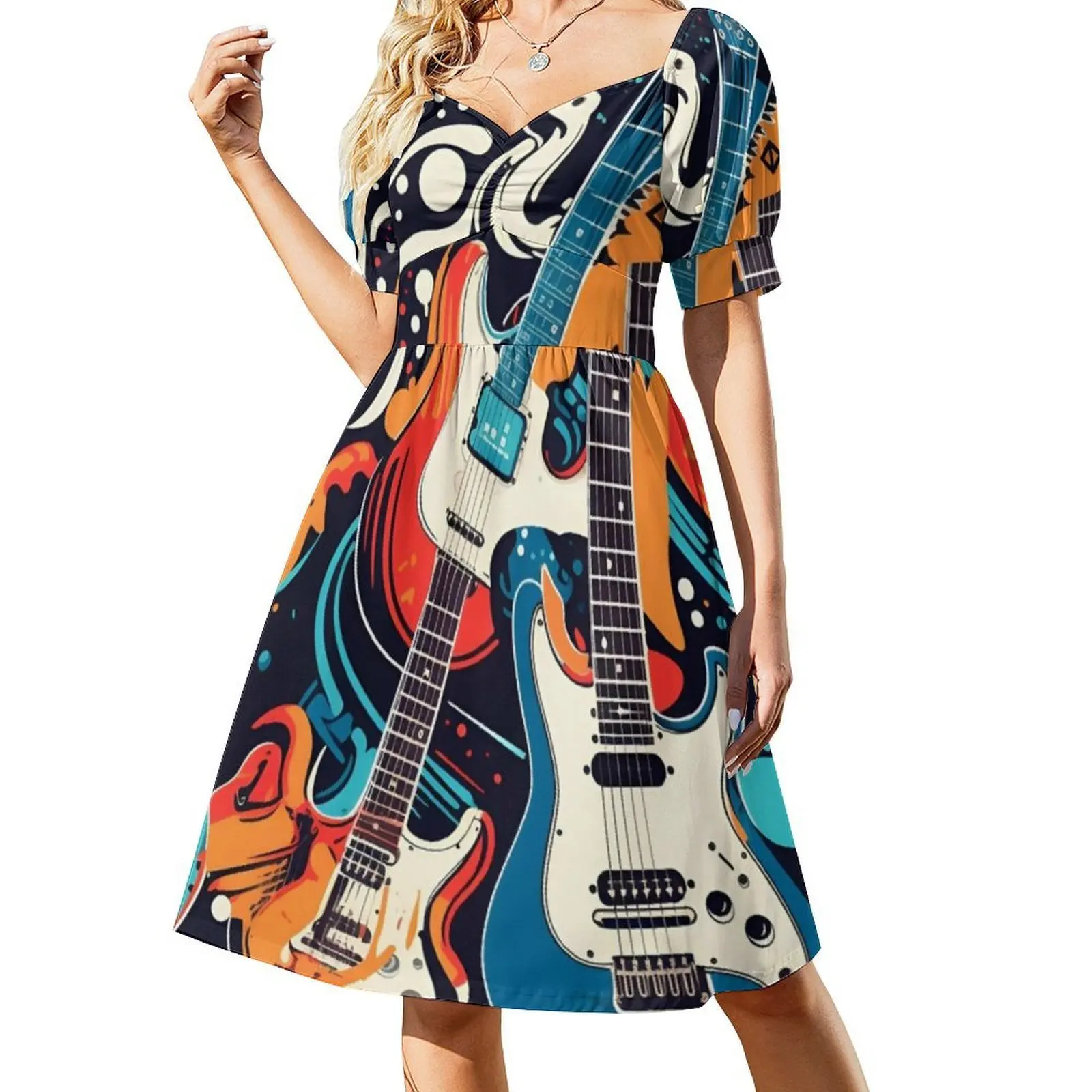 ملون الغيتار الكولاج خلفية خمر البوهيمي اللباس نفخة الأكمام أو خيارات بلا أكمام للنساء اللباس الغيتار الملونة #2