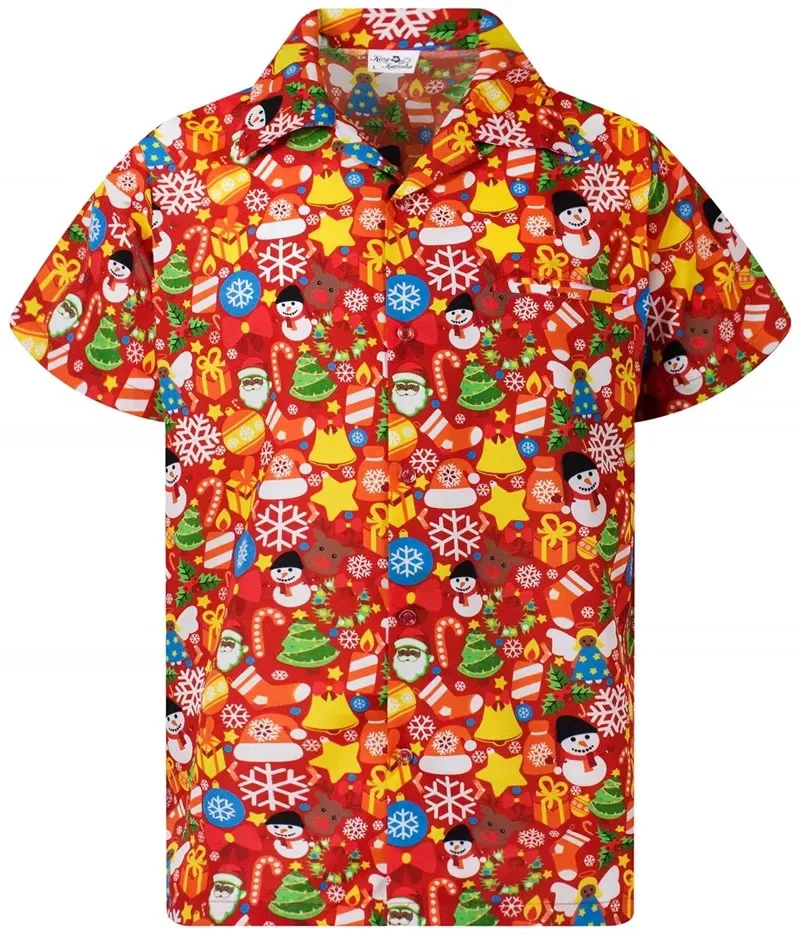 Full Print Santa Claus Pattern Hawaii Holidays Shirts Mens Merry Christmas Short Sleeve Button Up Shirts Clothes Streetwear