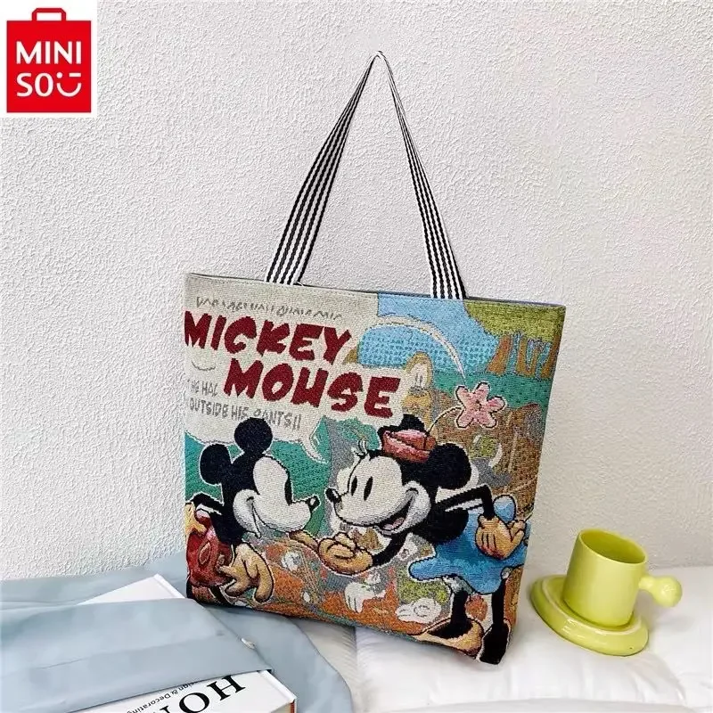 MINISO Disney Winnie Bear Stitch Cartoon Embroidered Canvas Fashion Shopping Bag One Shoulder Women\'s Large Capacity Handbag