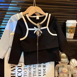 2025 Korean Version Girls' Sweet T-shirt Top Spring and Autumn New Design Bow Tie Fake Two-piece Long Sleeved Base Shirt