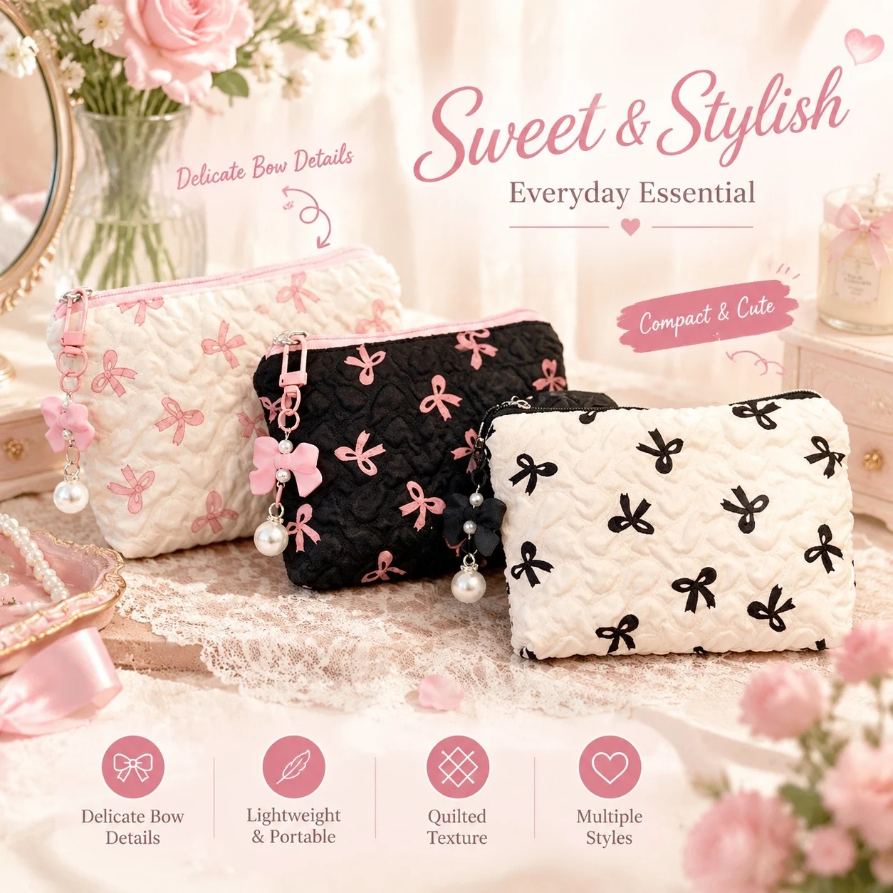 Embroidered Bow Makeup Bag, High Appearance Level, Coin Purse Storage Bag, Cute, Large Capacity, High-End Makeup Bag
